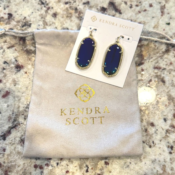 Retired Kendra Scott Iridescent Mystic Blue and Gold Drop Elle Earrings - Picture 3 of 6